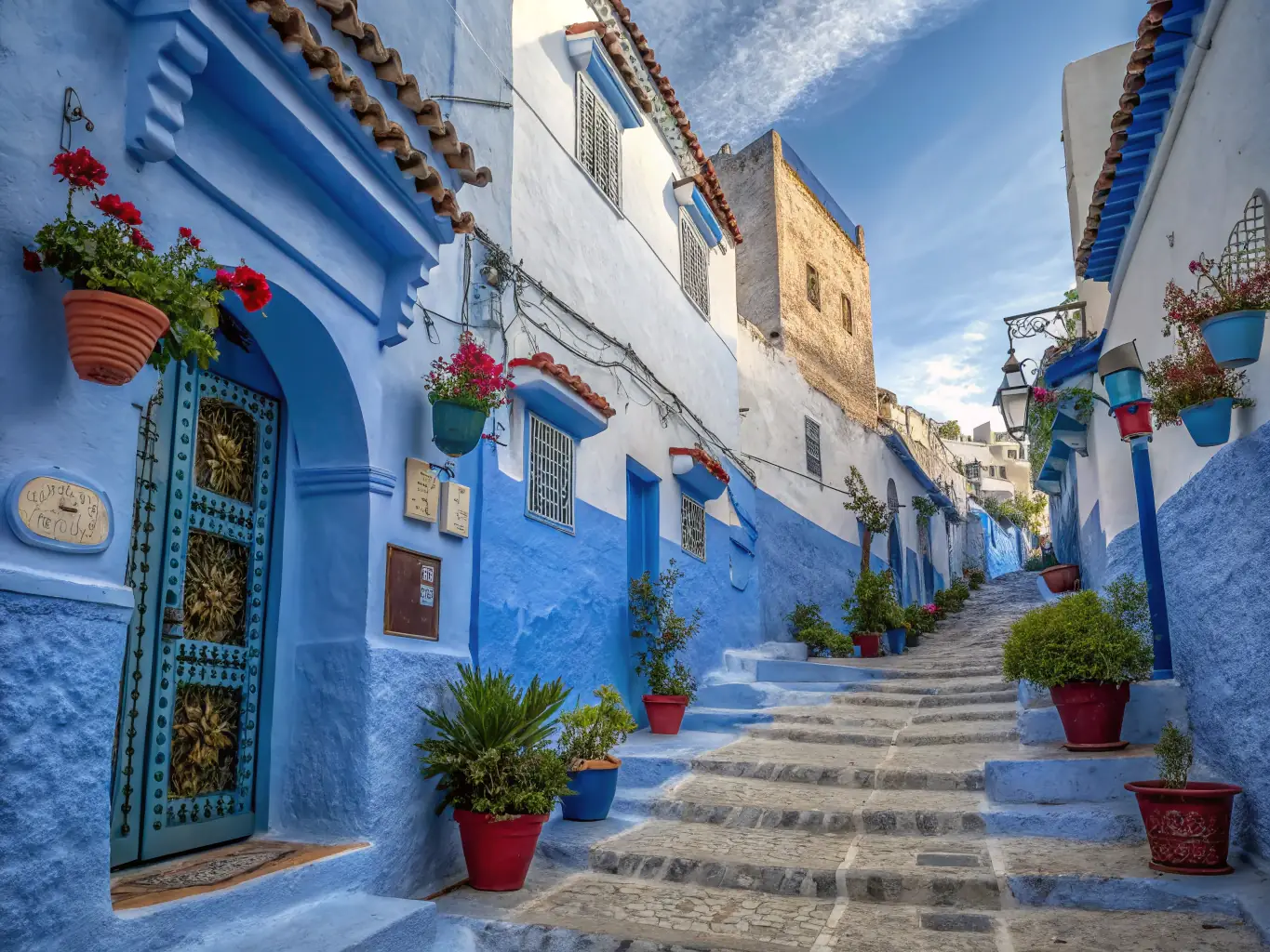 A picturesque scene of the blue-washed streets of Chefchaouen, with traditional houses and local artisans, showcasing the town's unique charm.