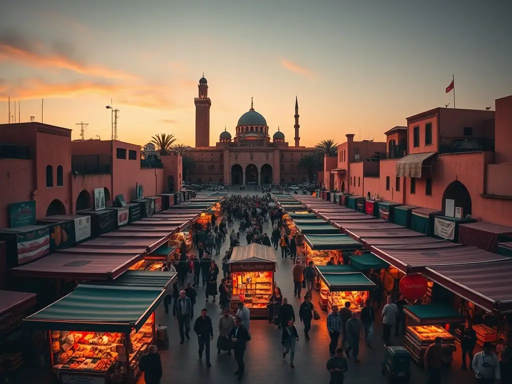 A vibrant image of the Djemaa el-Fna square in Marrakech at sunset, with storytellers, food stalls, and crowds of people, capturing the lively atmosphere.