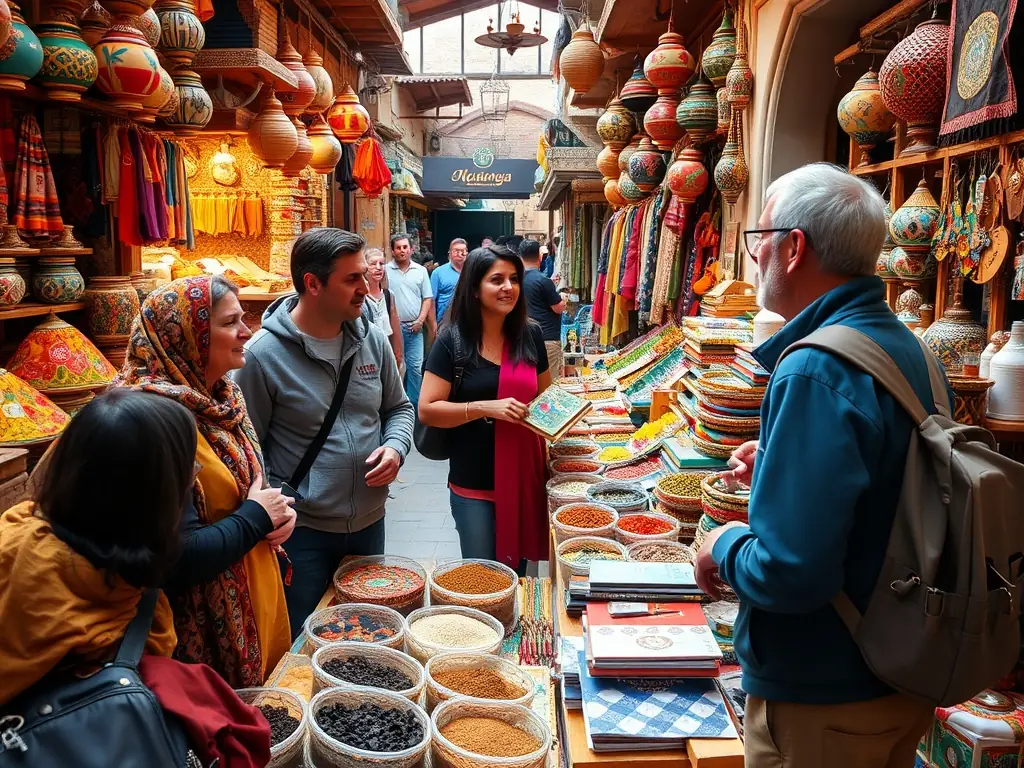 A vibrant image showcasing a group of travelers exploring the souks of Marrakech, filled with colorful textiles, spices, and local crafts.