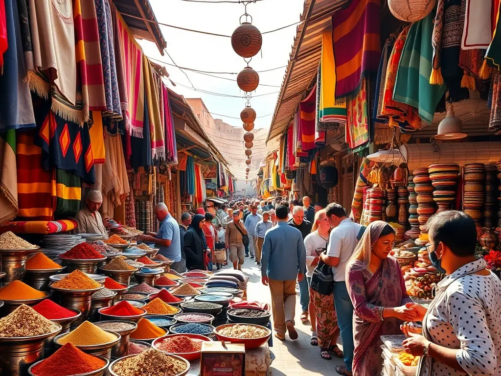 A vibrant image showcasing a group of travelers exploring the souks of Marrakech, experiencing the bustling atmosphere and rich culture.