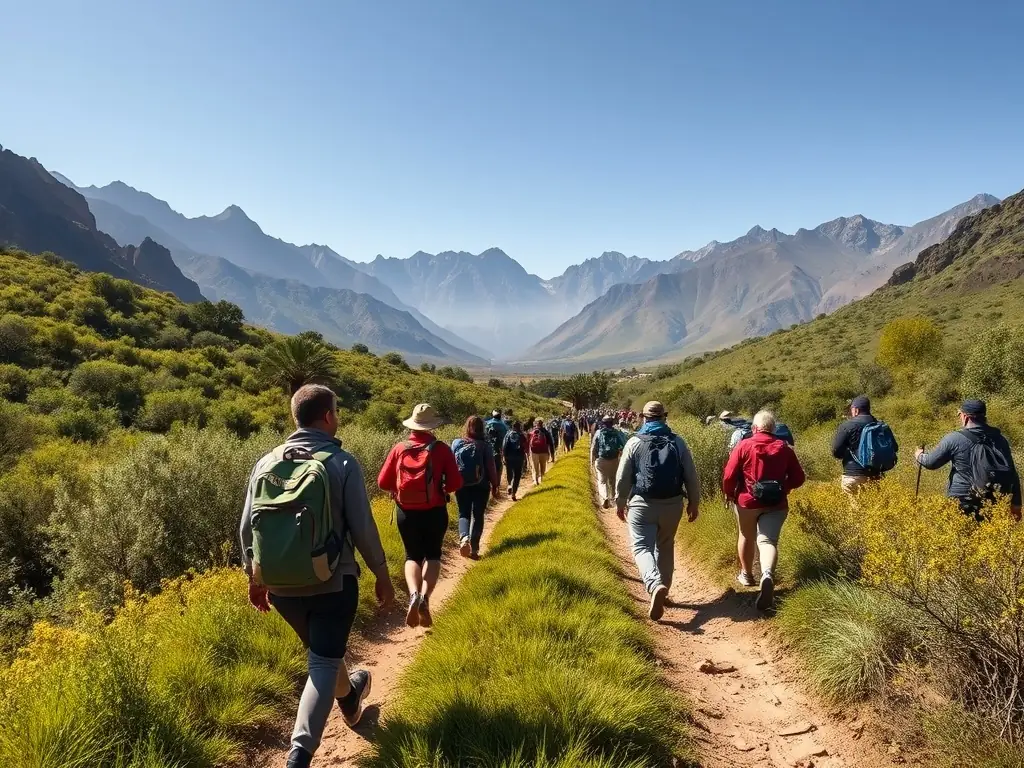 An exhilarating image of travelers hiking in the Atlas Mountains, showcasing the stunning natural landscapes and the thrill of adventure.