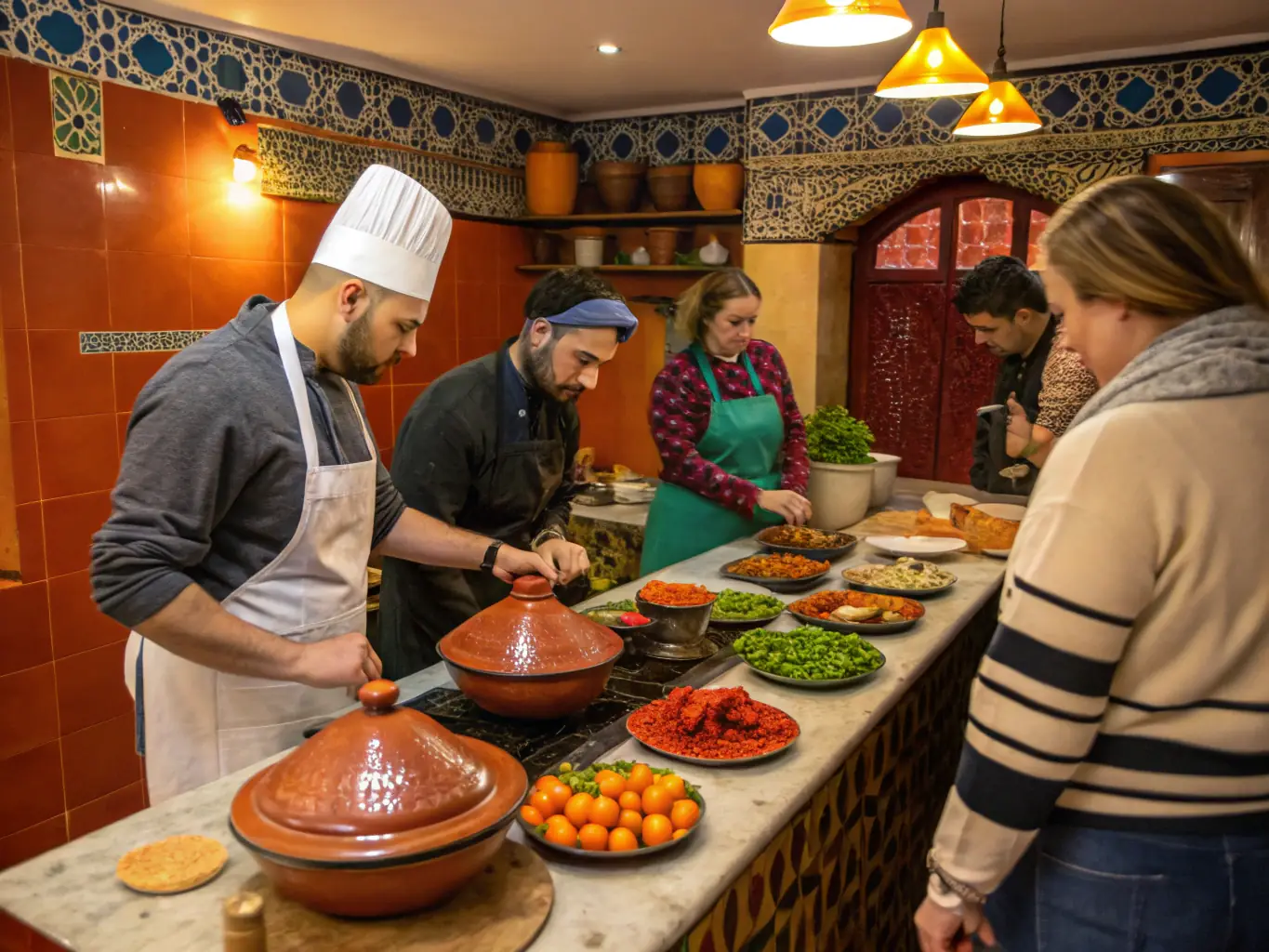 An engaging image of travelers participating in a Moroccan cooking class, learning to prepare traditional dishes and immerse themselves in local culinary traditions.